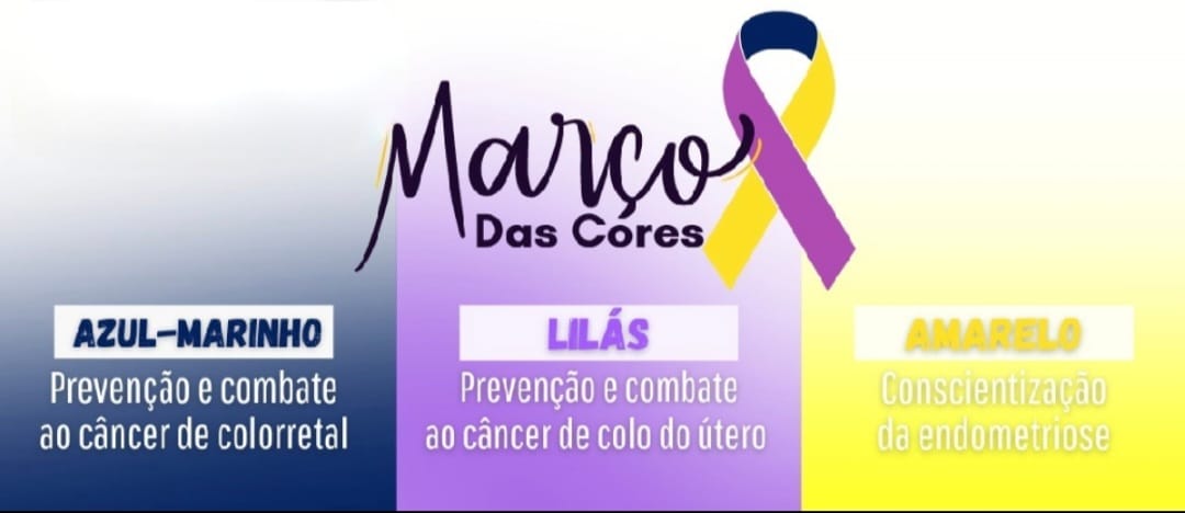 Prevenção e cuidado com a saúde em destaque no mês de março: campanhas das cores azul marinho, lilás e amarelo.